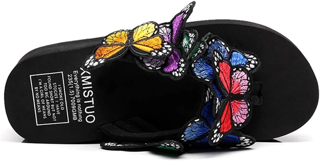VOKLIN Women's Bohemian Butterfly Platform High Heel Flip Flops Anti-Slip Summer Beach Thong Wedge Sandals