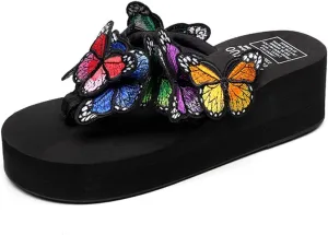VOKLIN Women's Bohemian Butterfly Platform High Heel Flip Flops Anti-Slip Summer Beach Thong Wedge Sandals