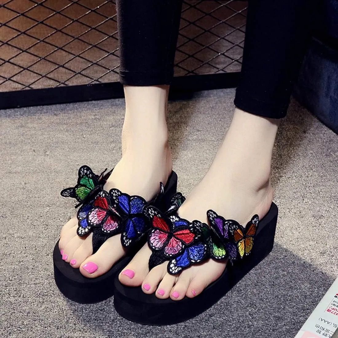 VOKLIN Women's Bohemian Butterfly Platform High Heel Flip Flops Anti-Slip Summer Beach Thong Wedge Sandals