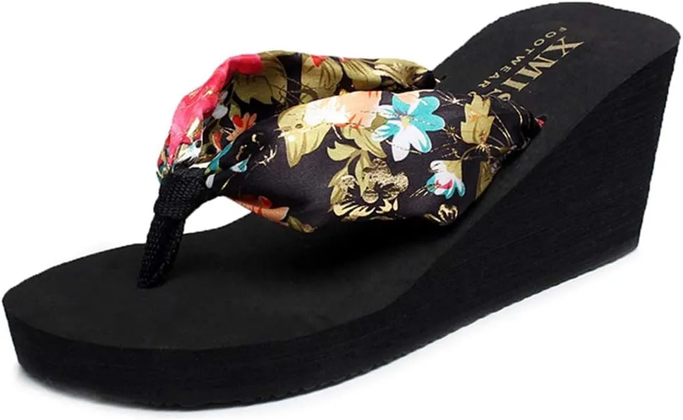 VOKLIN Women's Bohemian Florals Wedge High Heel Flipflop Sandals Summer Platform Nonslip Beach Thong Sandal