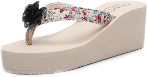 VOKLIN Women's Bohemian Flower Wedge High Heel Flipflop Sandals Summer Platform Nonslip Beach Thong Sandal