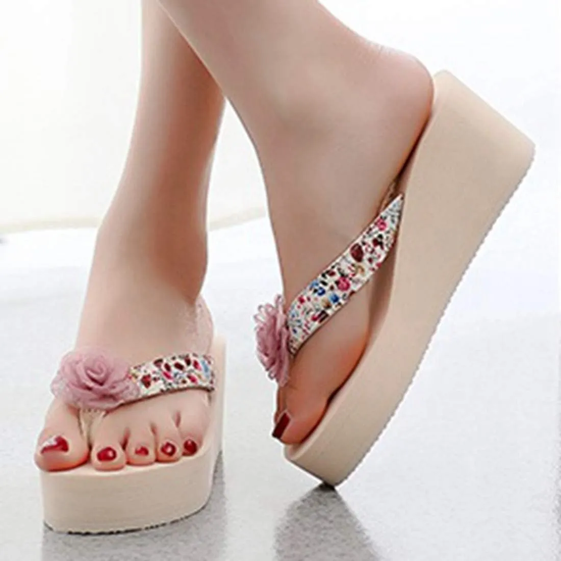 VOKLIN Women's Bohemian Flower Wedge High Heel Flipflop Sandals Summer Platform Nonslip Beach Thong Sandal