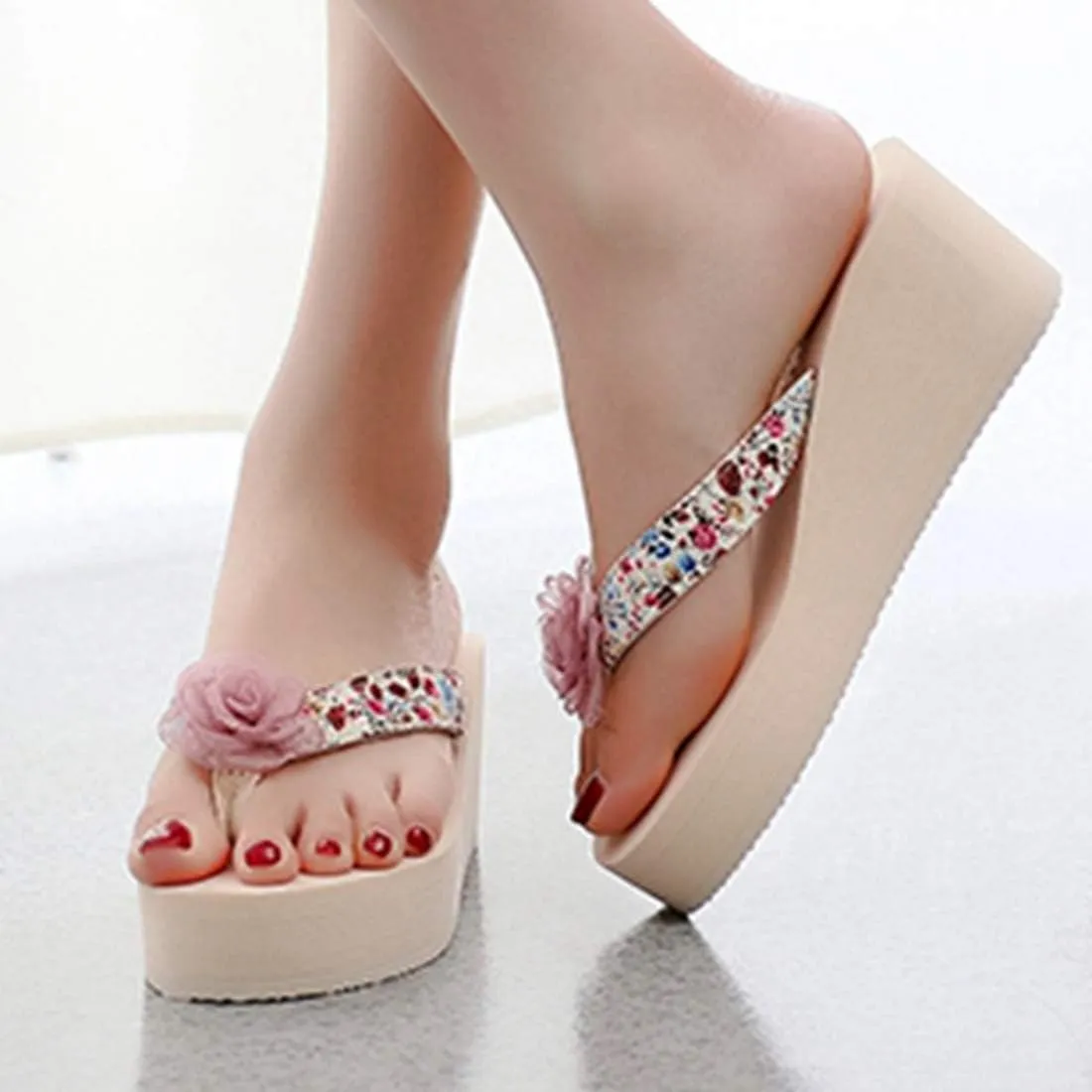 VOKLIN Women's Bohemian Flower Wedge High Heel Flipflop Sandals Summer Platform Nonslip Beach Thong Sandal