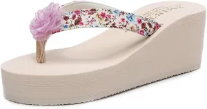 VOKLIN Women's Bohemian Flower Wedge High Heel Flipflop Sandals Summer Platform Nonslip Beach Thong Sandal