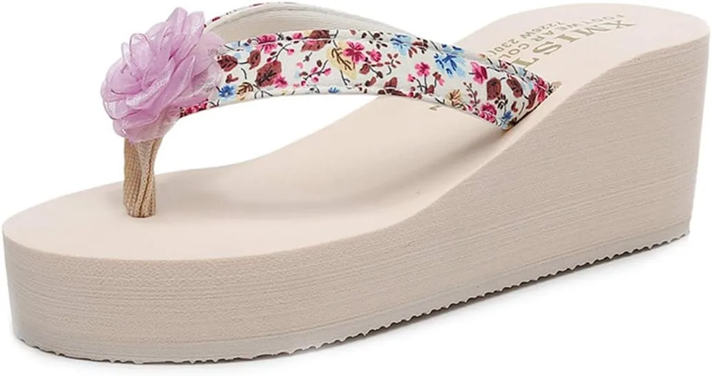 VOKLIN Women's Bohemian Flower Wedge High Heel Flipflop Sandals Summer Platform Nonslip Beach Thong Sandal