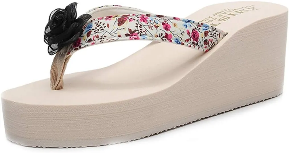 VOKLIN Women's Bohemian Flower Wedge High Heel Flipflop Sandals Summer Platform Nonslip Beach Thong Sandal