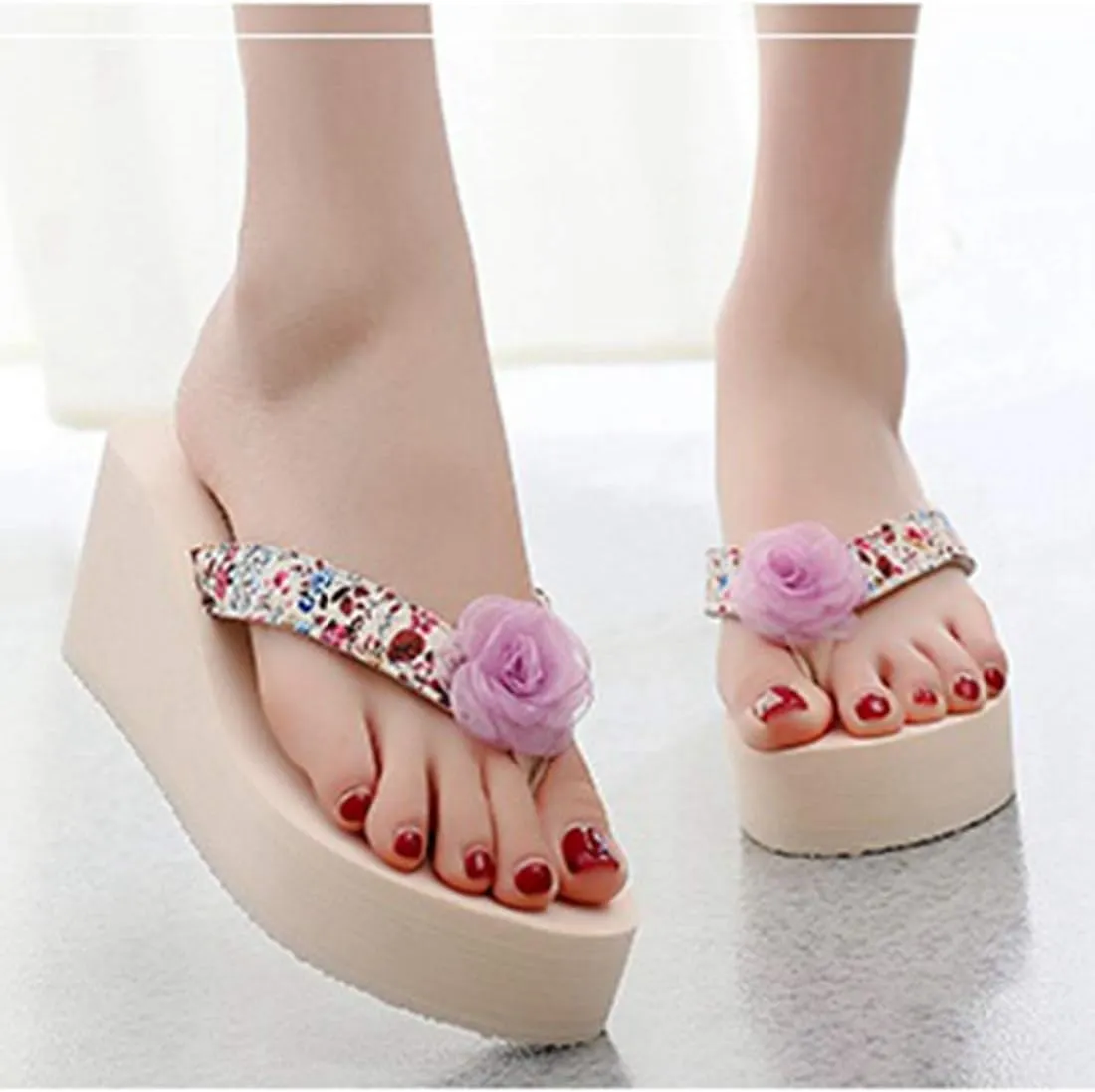 VOKLIN Women's Bohemian Flower Wedge High Heel Flipflop Sandals Summer Platform Nonslip Beach Thong Sandal
