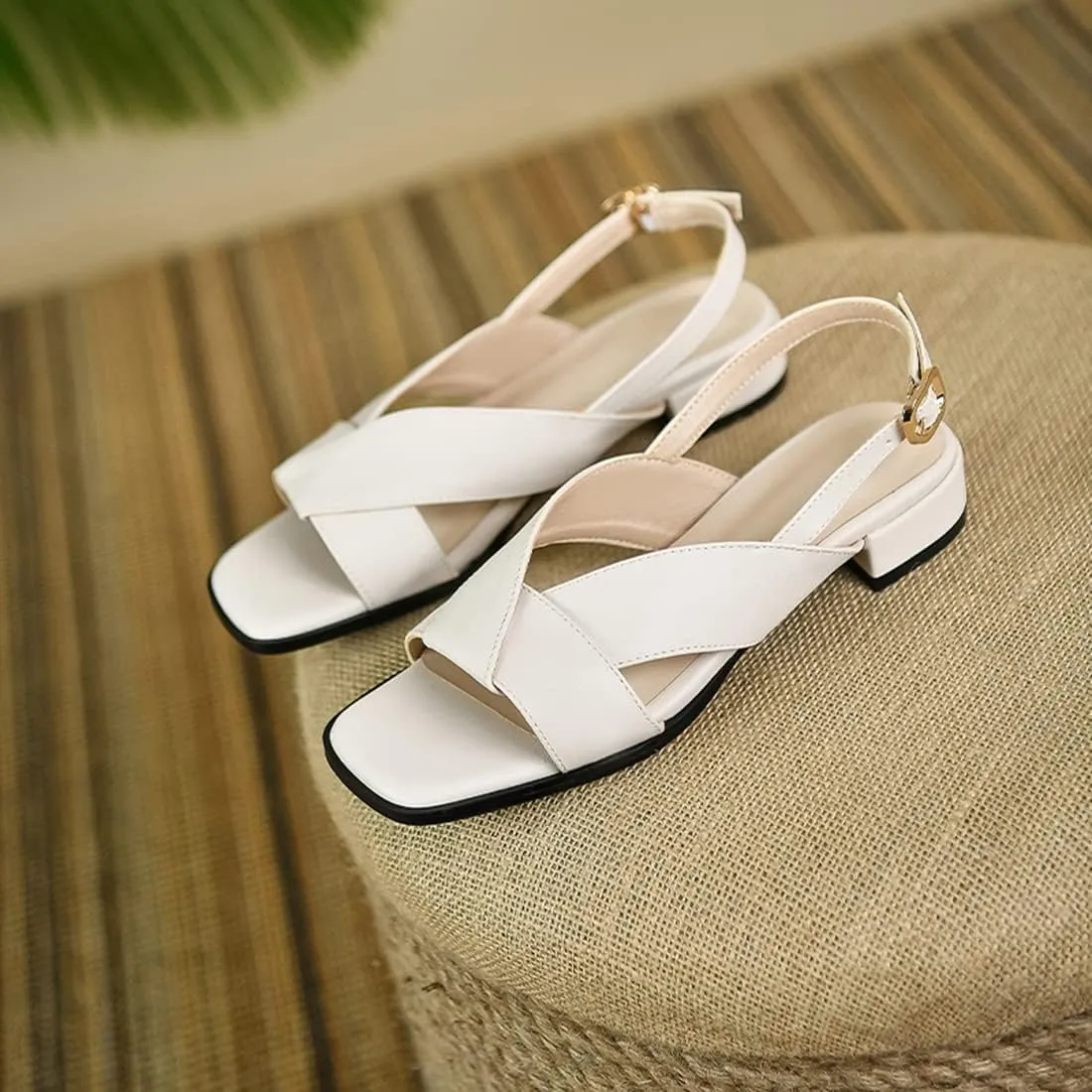 VOKLIN Women's Casual Comfort Flat Low Heels Sandals Open Toe Buckle Slingback Summer Dress Heeled Sandal