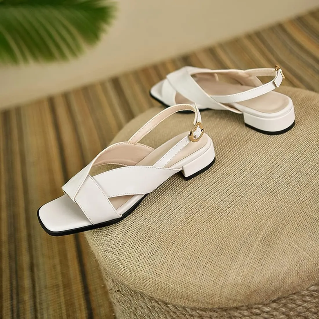 VOKLIN Women's Casual Comfort Flat Low Heels Sandals Open Toe Buckle Slingback Summer Dress Heeled Sandal