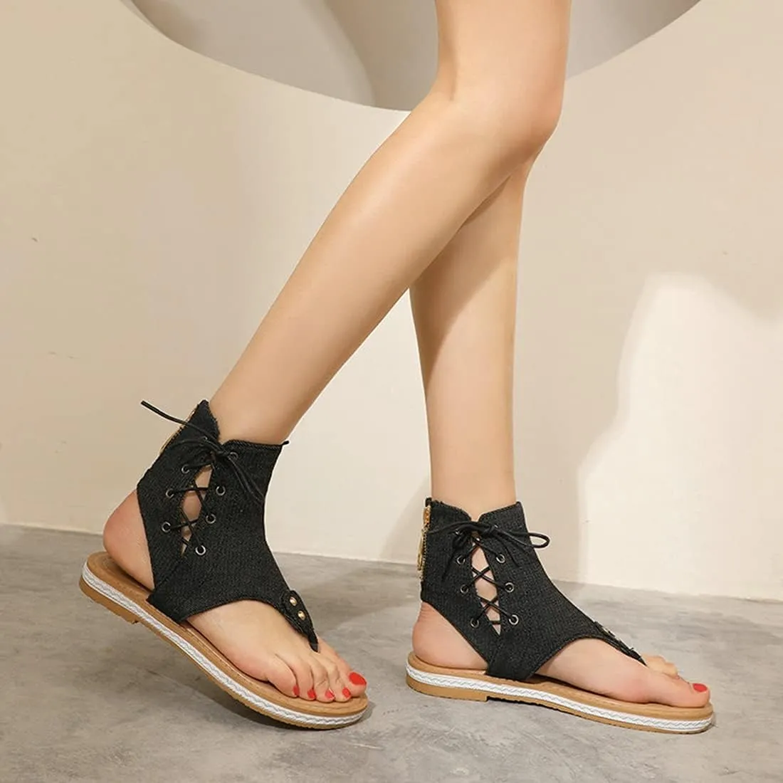 VOKLIN Women's Casual Denim Flat Sandals Booties Lace Up Zipper Comfort Summer Beach Thong Flip Flops Shoes