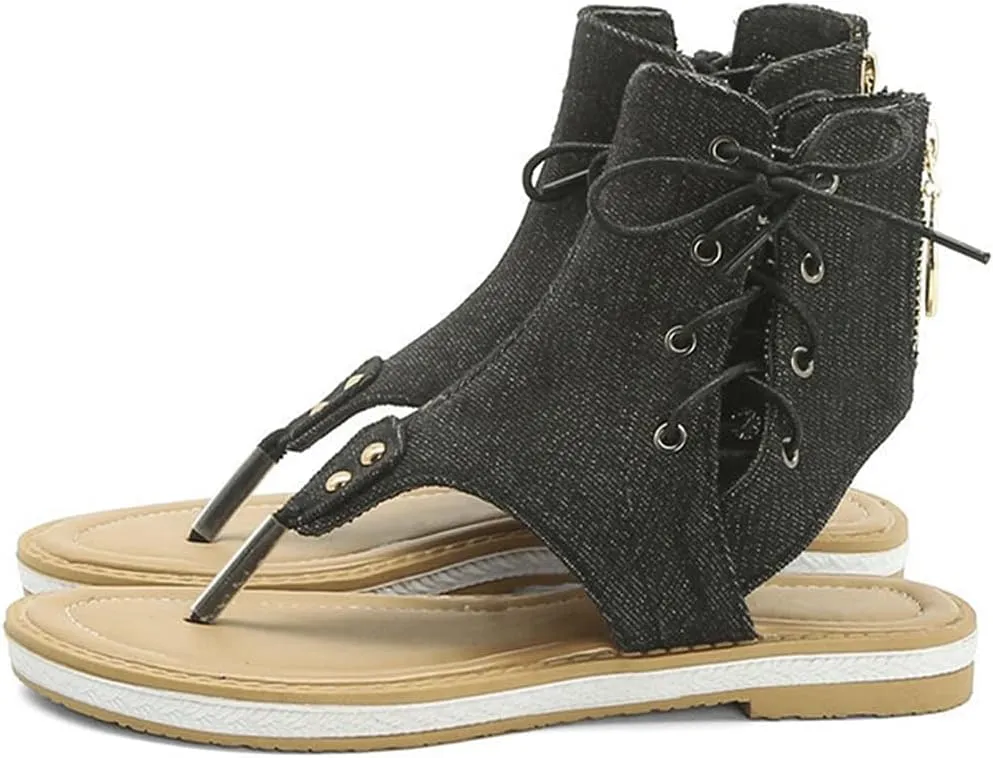 VOKLIN Women's Casual Denim Flat Sandals Booties Lace Up Zipper Comfort Summer Beach Thong Flip Flops Shoes