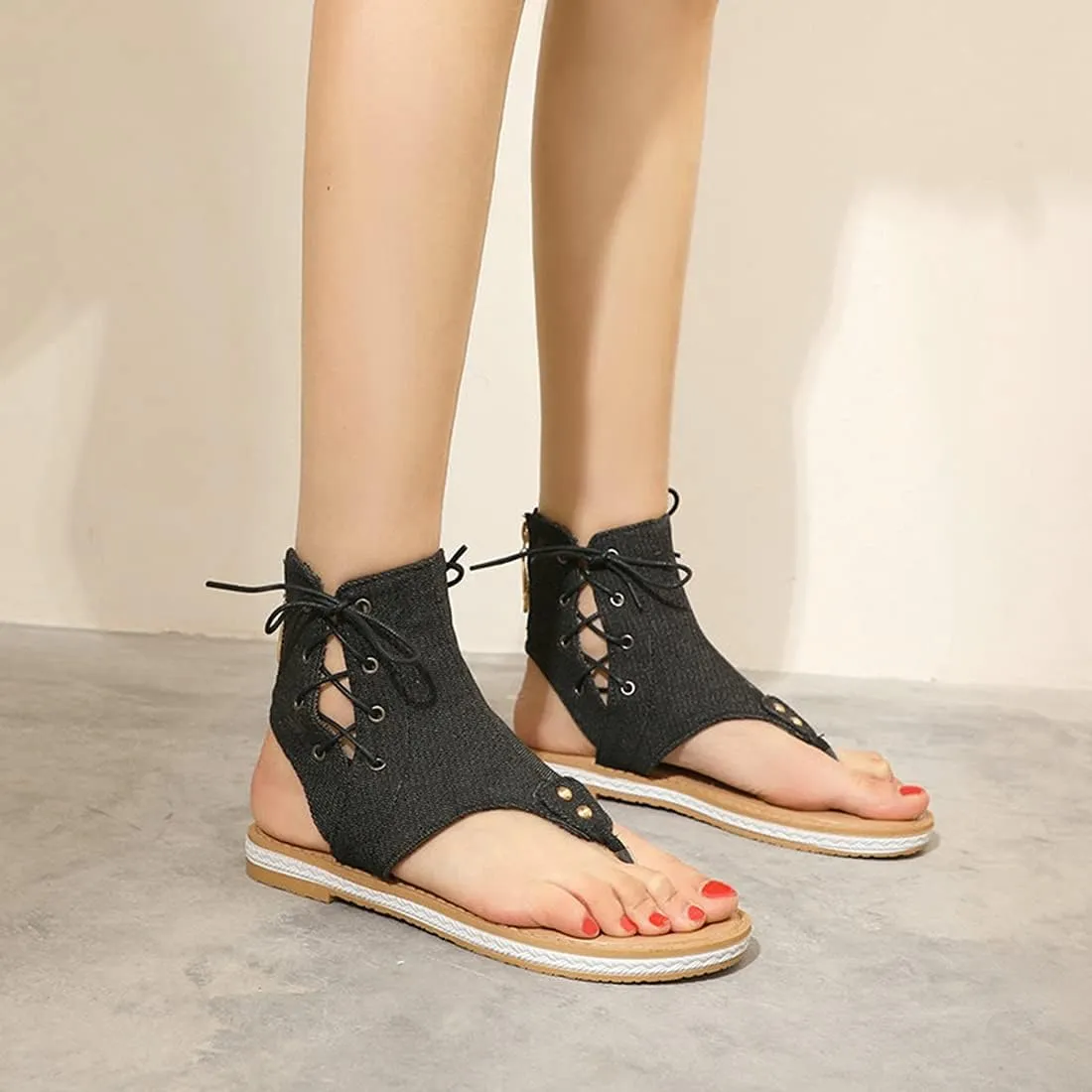 VOKLIN Women's Casual Denim Flat Sandals Booties Lace Up Zipper Comfort Summer Beach Thong Flip Flops Shoes