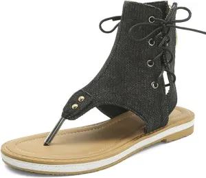VOKLIN Women's Casual Denim Flat Sandals Booties Lace Up Zipper Comfort Summer Beach Thong Flip Flops Shoes
