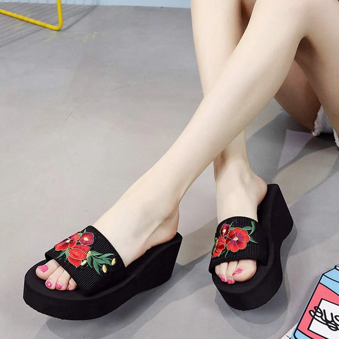 VOKLIN Women's Embroidered Flower Wedge High Heel Slide Sandals Summer Comfort Nonlip Platform Beach Sandal