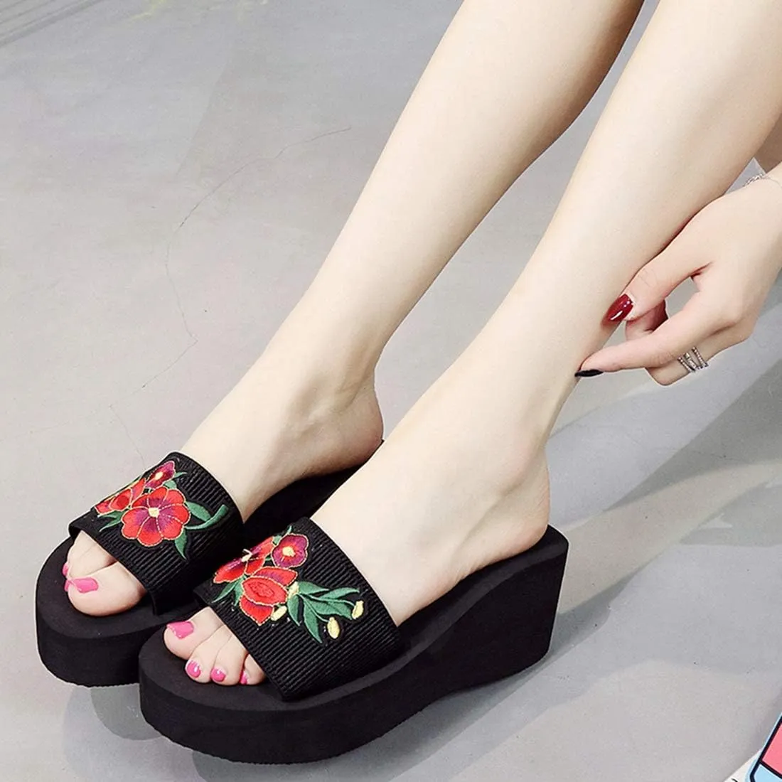 VOKLIN Women's Embroidered Flower Wedge High Heel Slide Sandals Summer Comfort Nonlip Platform Beach Sandal
