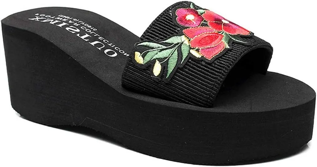VOKLIN Women's Embroidered Flower Wedge High Heel Slide Sandals Summer Comfort Nonlip Platform Beach Sandal