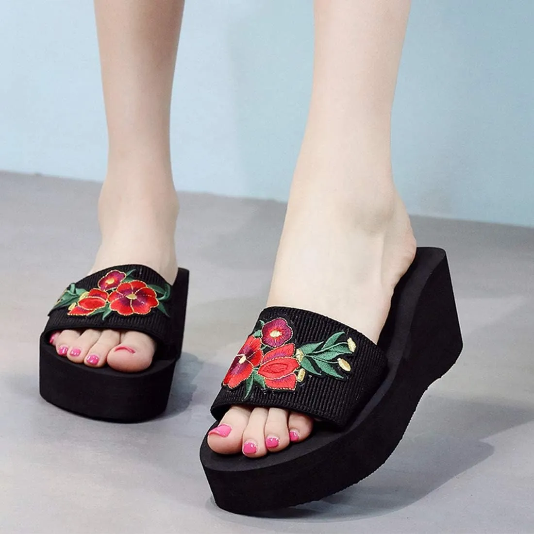 VOKLIN Women's Embroidered Flower Wedge High Heel Slide Sandals Summer Comfort Nonlip Platform Beach Sandal