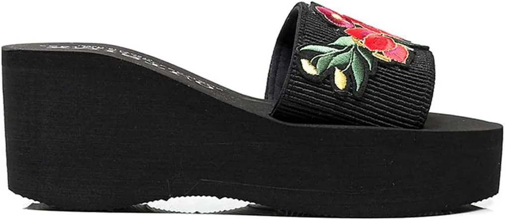 VOKLIN Women's Embroidered Flower Wedge High Heel Slide Sandals Summer Comfort Nonlip Platform Beach Sandal
