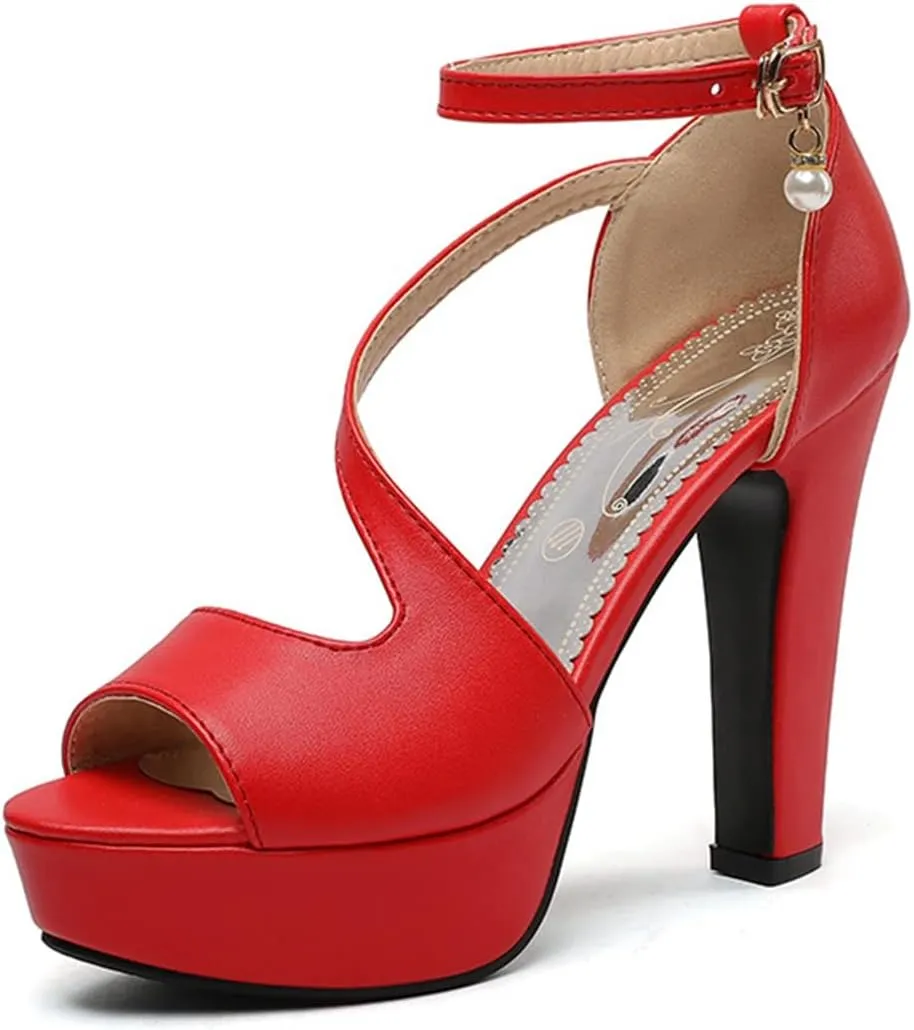 VOKLIN Women's Fashion Peep Toe Chunky Block High Heel Sandals Ankle Strap Sexy Platform Dress Heeled Sandal