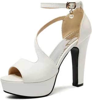 VOKLIN Women's Fashion Peep Toe Chunky Block High Heel Sandals Ankle Strap Sexy Platform Dress Heeled Sandal