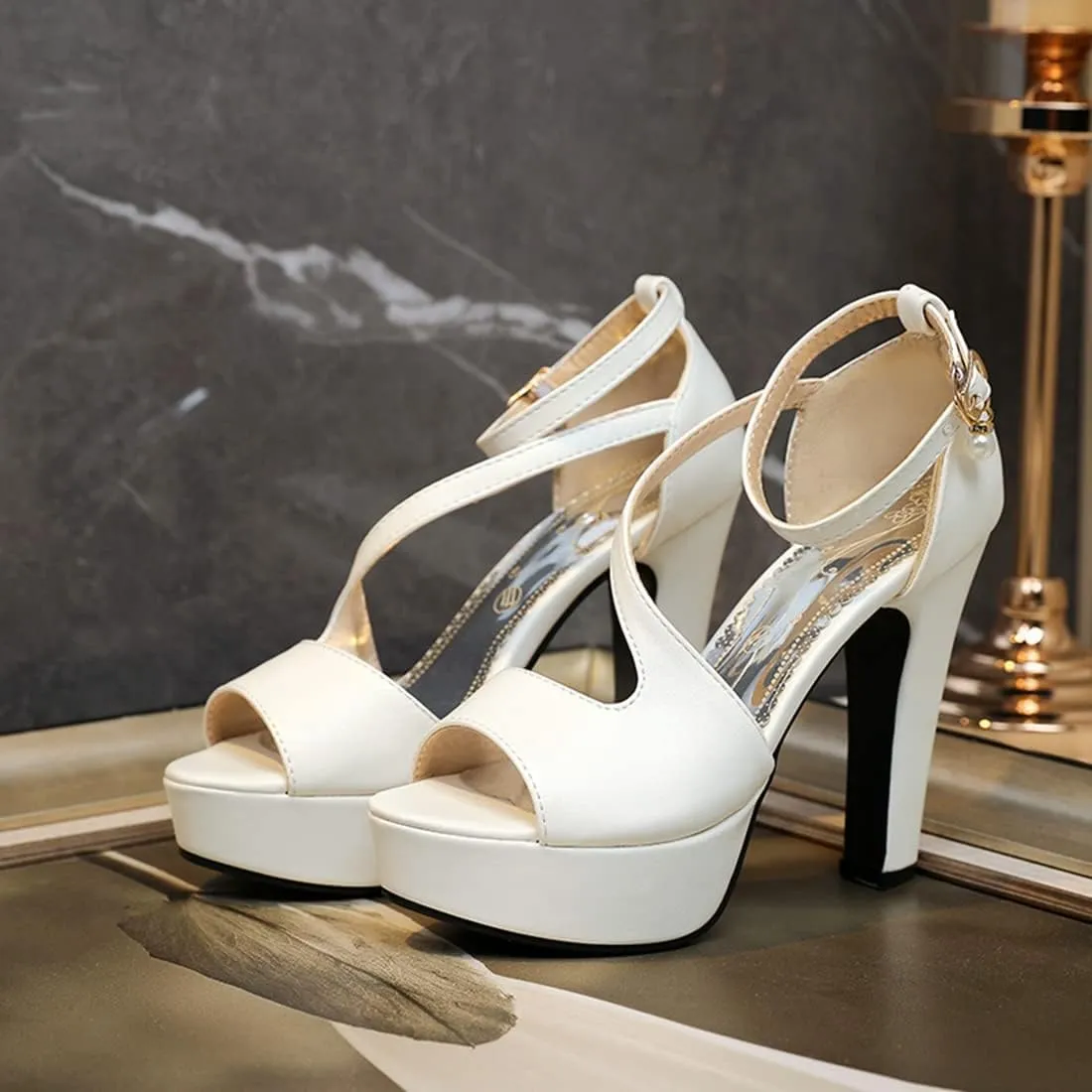 VOKLIN Women's Fashion Peep Toe Chunky Block High Heel Sandals Ankle Strap Sexy Platform Dress Heeled Sandal