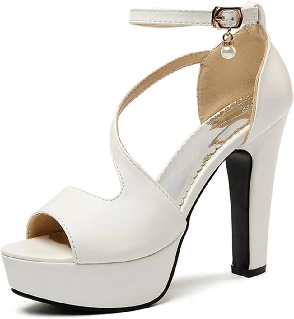 VOKLIN Women's Fashion Peep Toe Chunky Block High Heel Sandals Ankle Strap Sexy Platform Dress Heeled Sandal