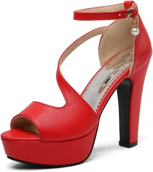 VOKLIN Women's Fashion Peep Toe Chunky Block High Heel Sandals Ankle Strap Sexy Platform Dress Heeled Sandal