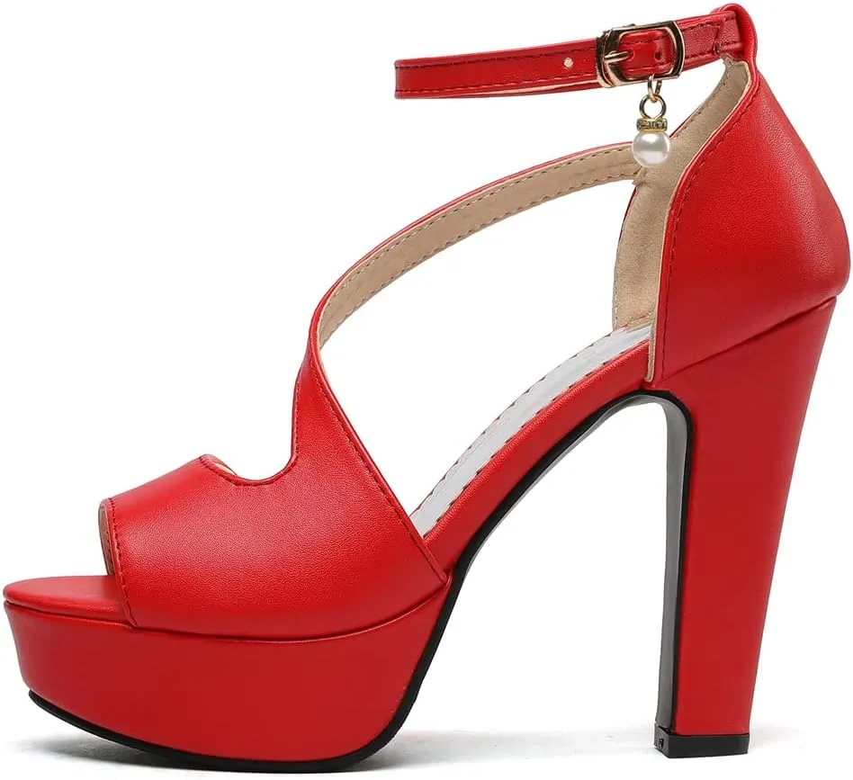 VOKLIN Women's Fashion Peep Toe Chunky Block High Heel Sandals Ankle Strap Sexy Platform Dress Heeled Sandal
