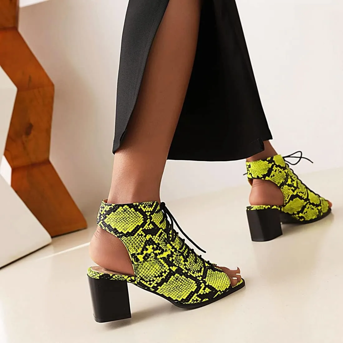 VOKLIN Women's Fashion Peep Toe Chunky Block Mid Heel Sandals Shoes Lace Up Cutout Dress Pump Sandal Booties