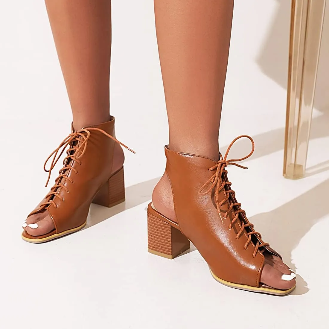 VOKLIN Women's Fashion Peep Toe Chunky Block Mid Heel Sandals Shoes Lace Up Cutout Dress Pump Sandal Booties