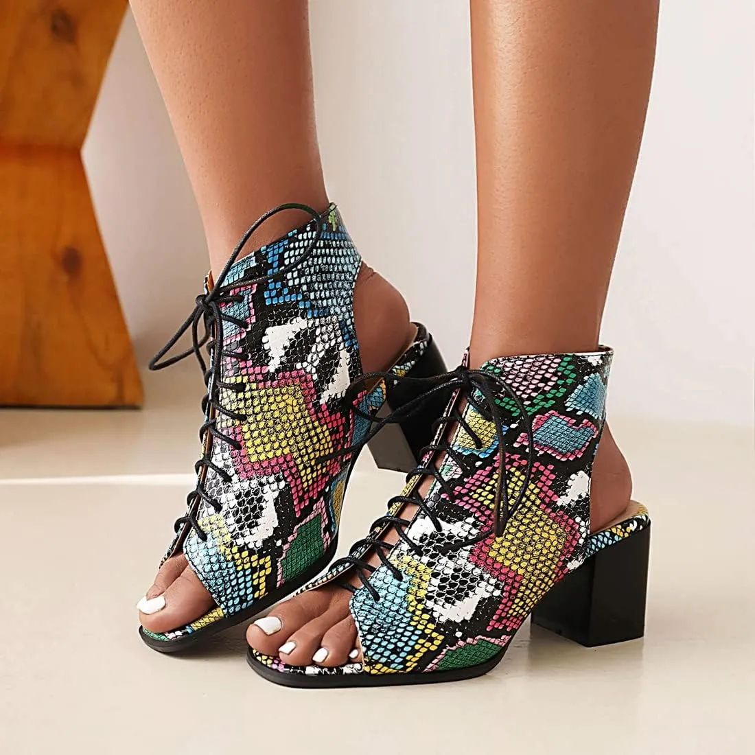 VOKLIN Women's Fashion Peep Toe Chunky Block Mid Heel Sandals Shoes Lace Up Cutout Dress Pump Sandal Booties