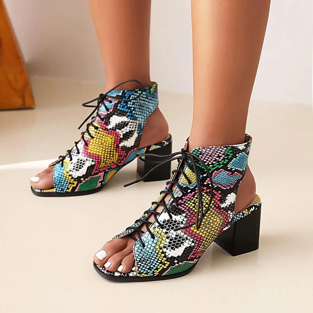 VOKLIN Women's Fashion Peep Toe Chunky Block Mid Heel Sandals Shoes Lace Up Cutout Dress Pump Sandal Booties