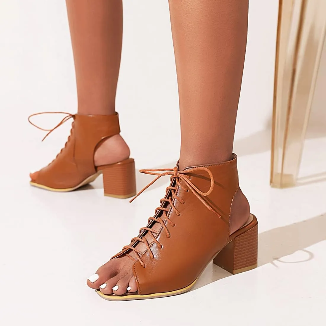 VOKLIN Women's Fashion Peep Toe Chunky Block Mid Heel Sandals Shoes Lace Up Cutout Dress Pump Sandal Booties