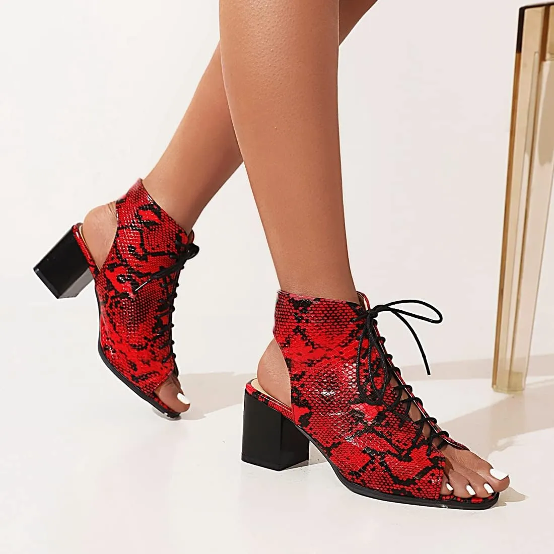 VOKLIN Women's Fashion Peep Toe Chunky Block Mid Heel Sandals Shoes Lace Up Cutout Dress Pump Sandal Booties