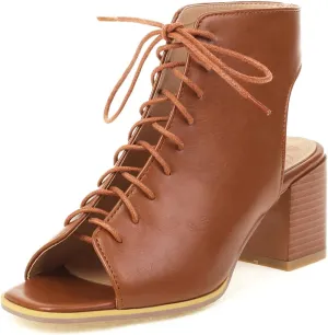 VOKLIN Women's Fashion Peep Toe Chunky Block Mid Heel Sandals Shoes Lace Up Cutout Dress Pump Sandal Booties