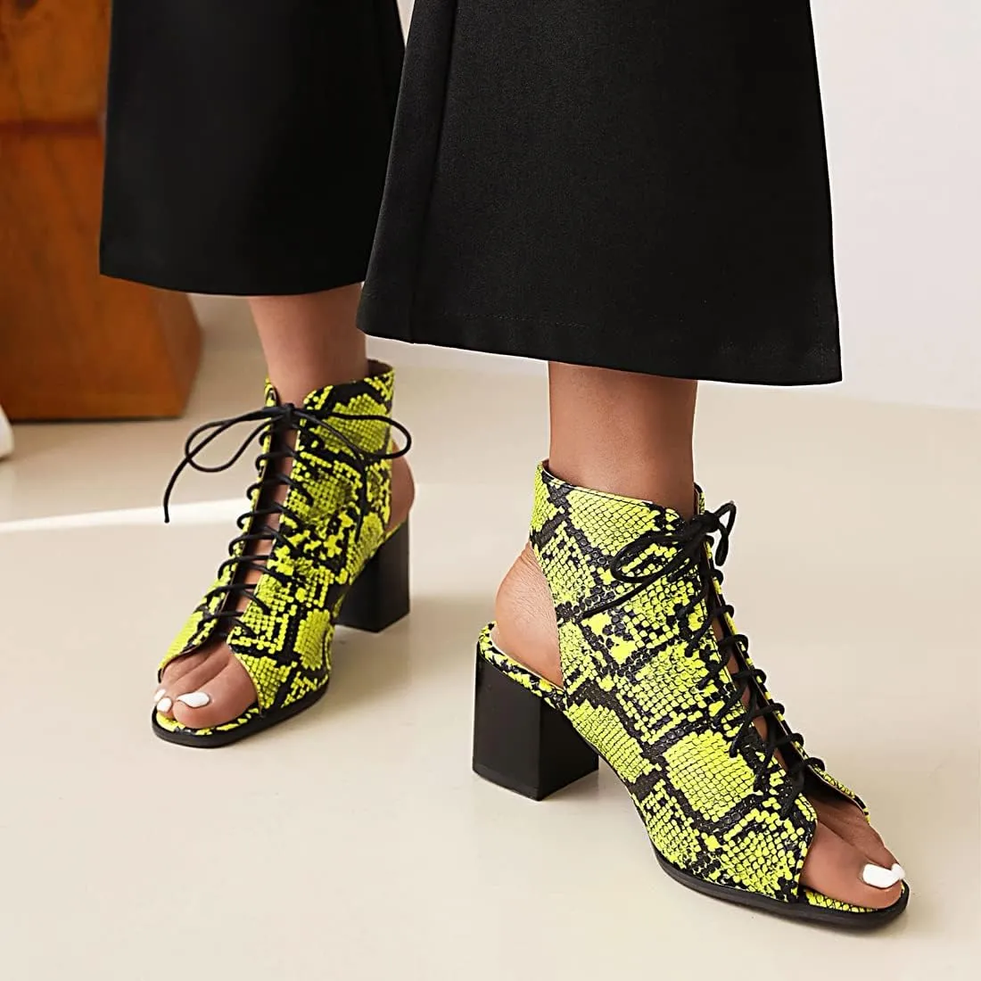 VOKLIN Women's Fashion Peep Toe Chunky Block Mid Heel Sandals Shoes Lace Up Cutout Dress Pump Sandal Booties