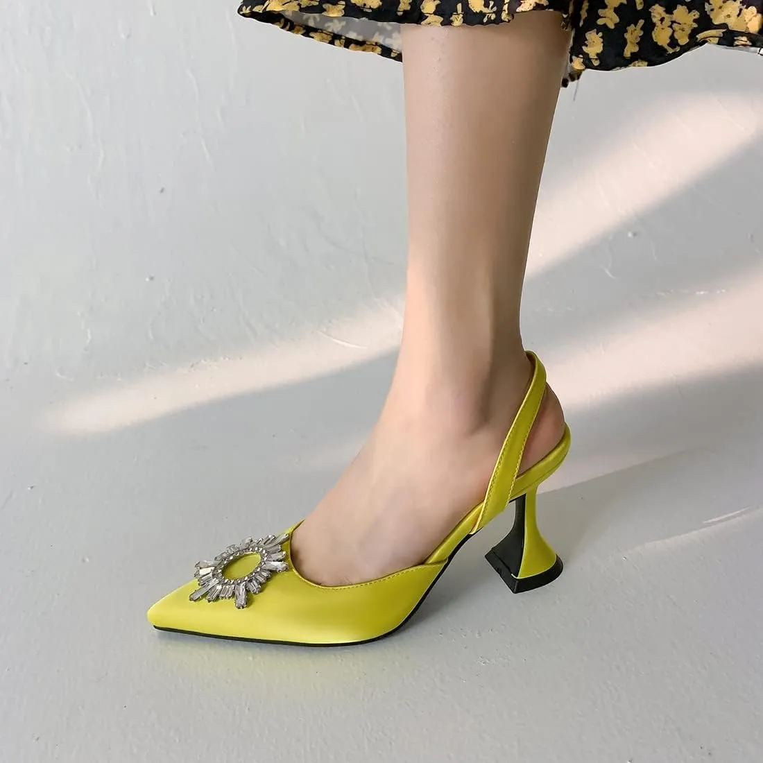 VOKLIN Women's Fashion Rhinestone Slingback Dress Pumps Pointed Toe Kitten Heels Wedding Party Sandals Shoes