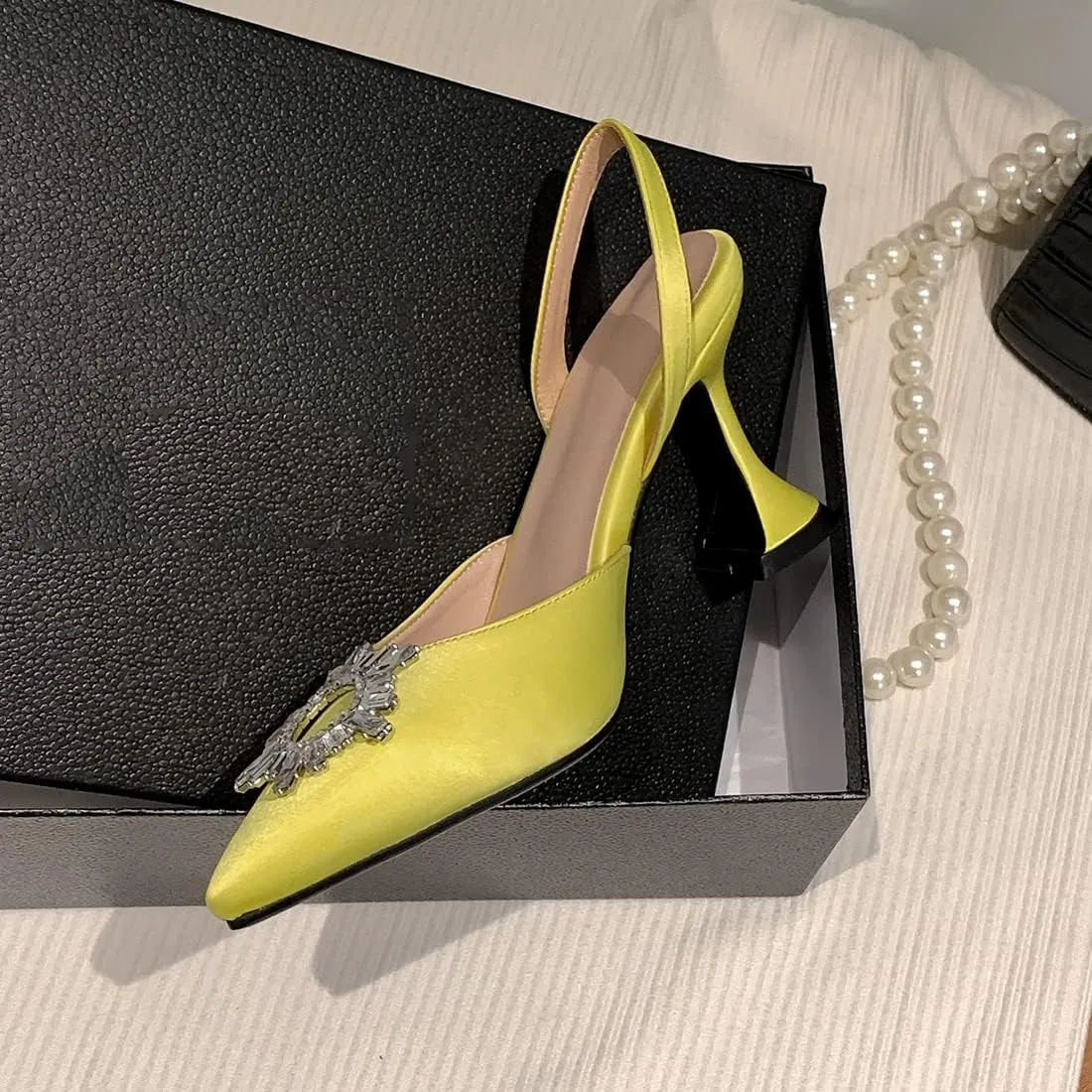 VOKLIN Women's Fashion Rhinestone Slingback Dress Pumps Pointed Toe Kitten Heels Wedding Party Sandals Shoes