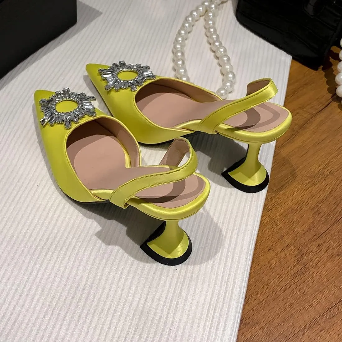 VOKLIN Women's Fashion Rhinestone Slingback Dress Pumps Pointed Toe Kitten Heels Wedding Party Sandals Shoes