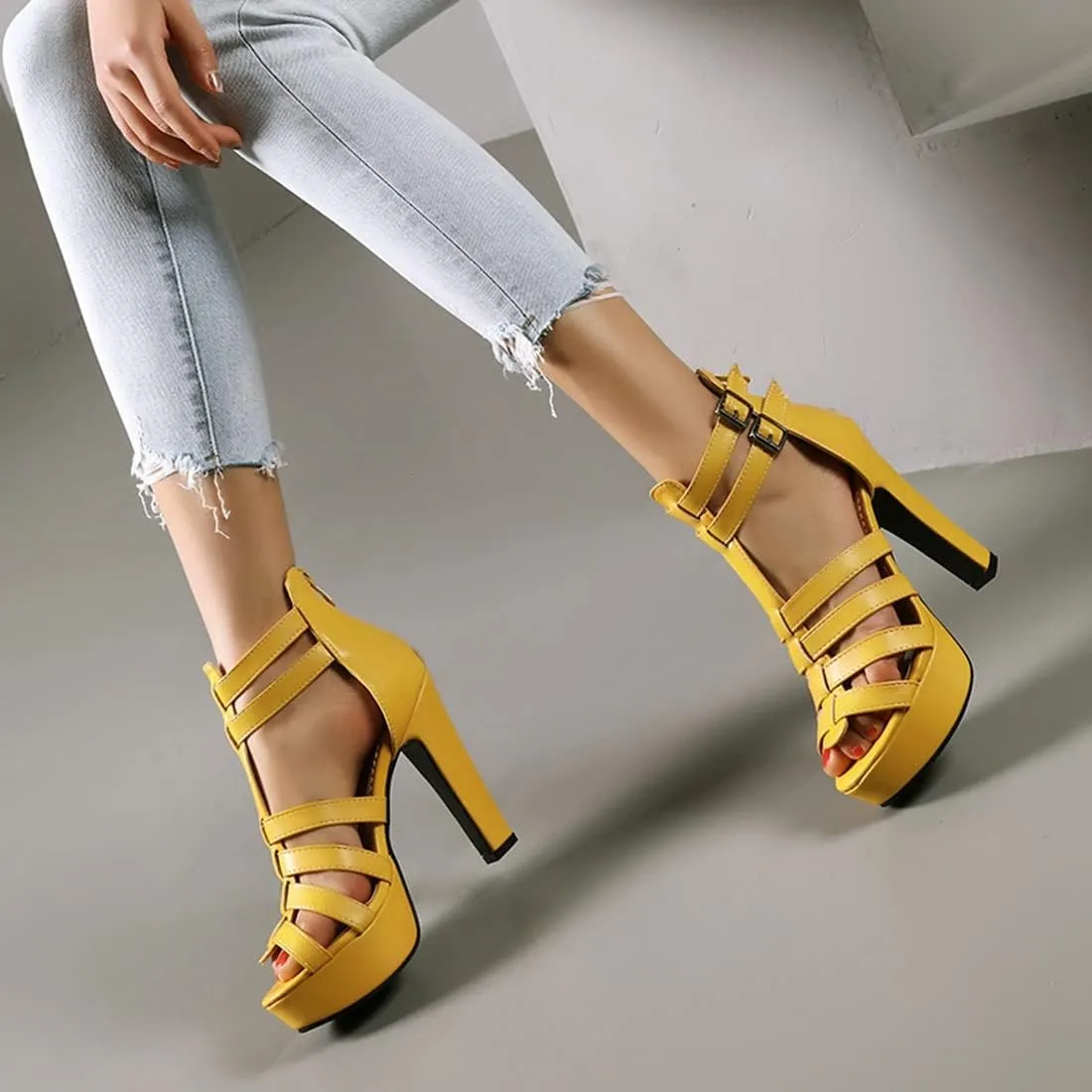 VOKLIN Women's Fashion Strappy Chunky Block High Heel Sandals Open Toe Buckle Zip Platform Dress Heeled Sandal