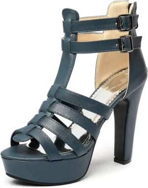 VOKLIN Women's Fashion Strappy Chunky Block High Heel Sandals Open Toe Buckle Zip Platform Dress Heeled Sandal