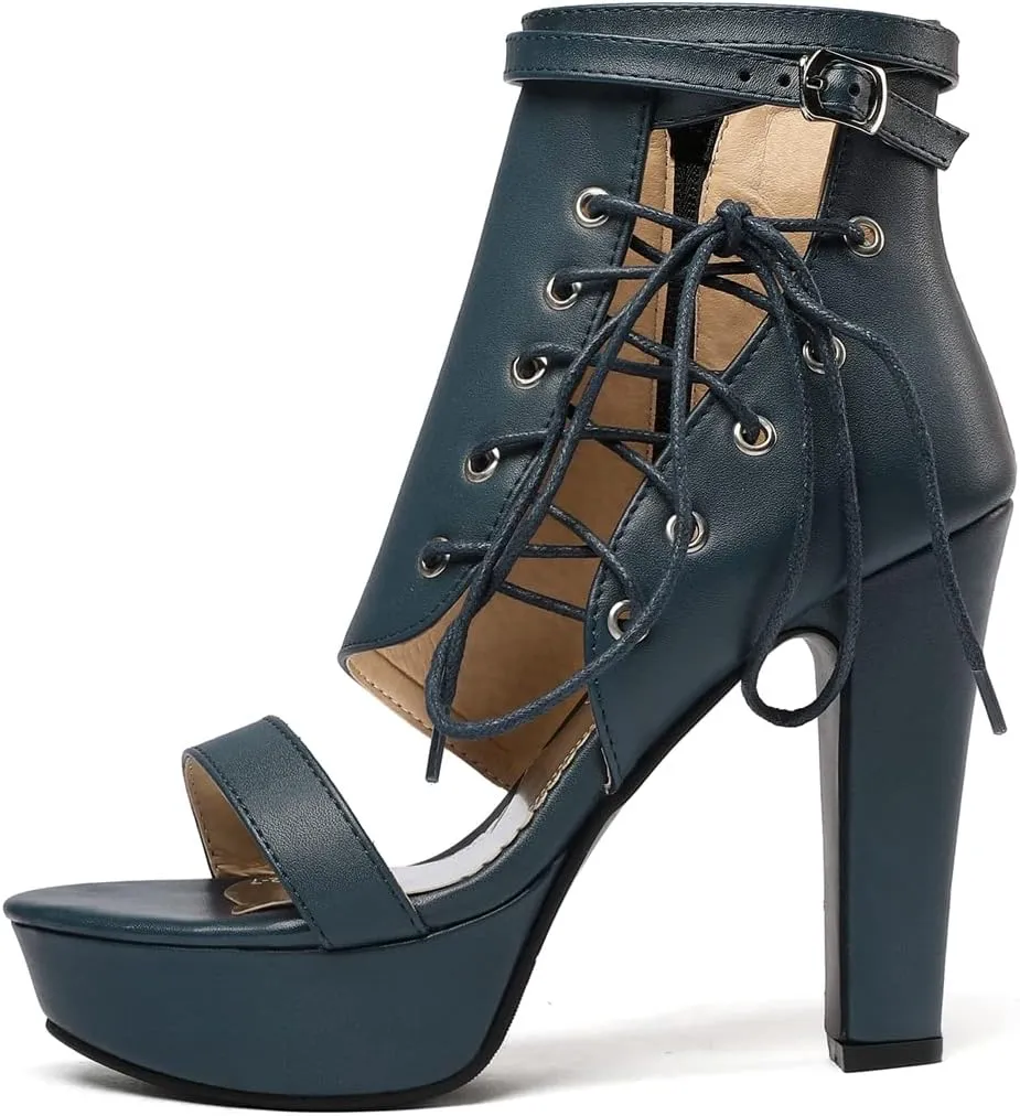 VOKLIN Women's Fashion Strappy Chunky Block High Heel Sandals Open Toe Buckle Zip Platform Dress Heeled Sandal