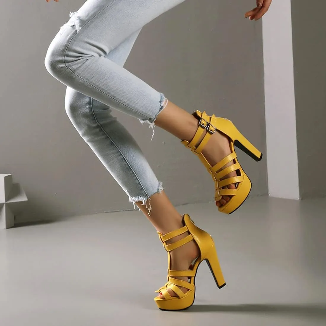 VOKLIN Women's Fashion Strappy Chunky Block High Heel Sandals Open Toe Buckle Zip Platform Dress Heeled Sandal
