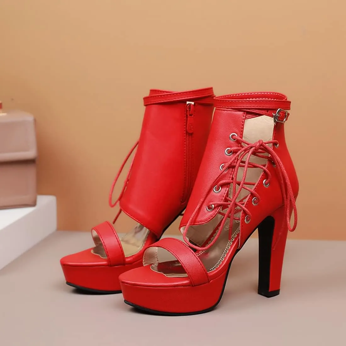 VOKLIN Women's Fashion Strappy Chunky Block High Heel Sandals Open Toe Buckle Zip Platform Dress Heeled Sandal