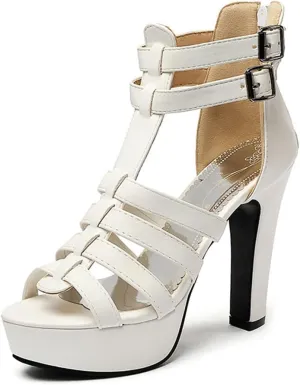 VOKLIN Women's Fashion Strappy Chunky Block High Heel Sandals Open Toe Buckle Zip Platform Dress Heeled Sandal