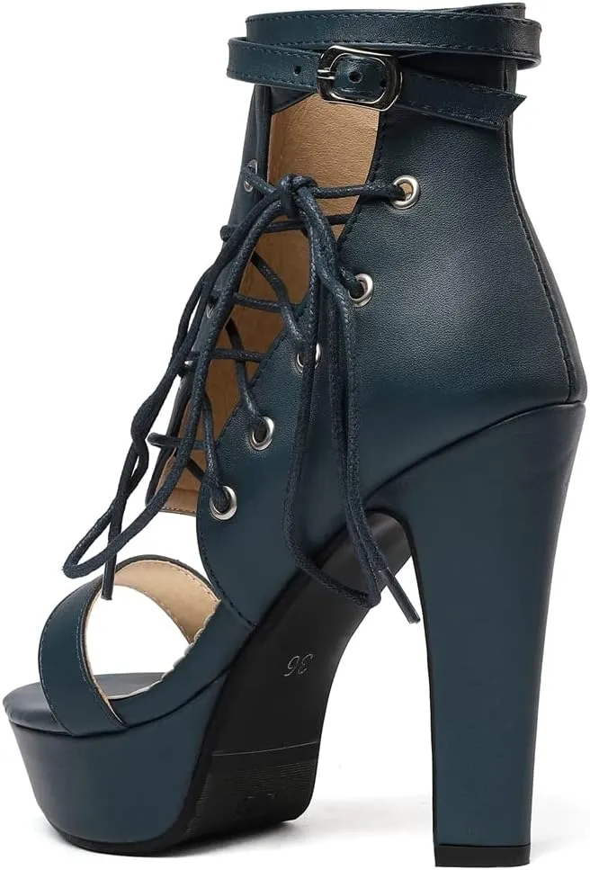 VOKLIN Women's Fashion Strappy Chunky Block High Heel Sandals Open Toe Buckle Zip Platform Dress Heeled Sandal