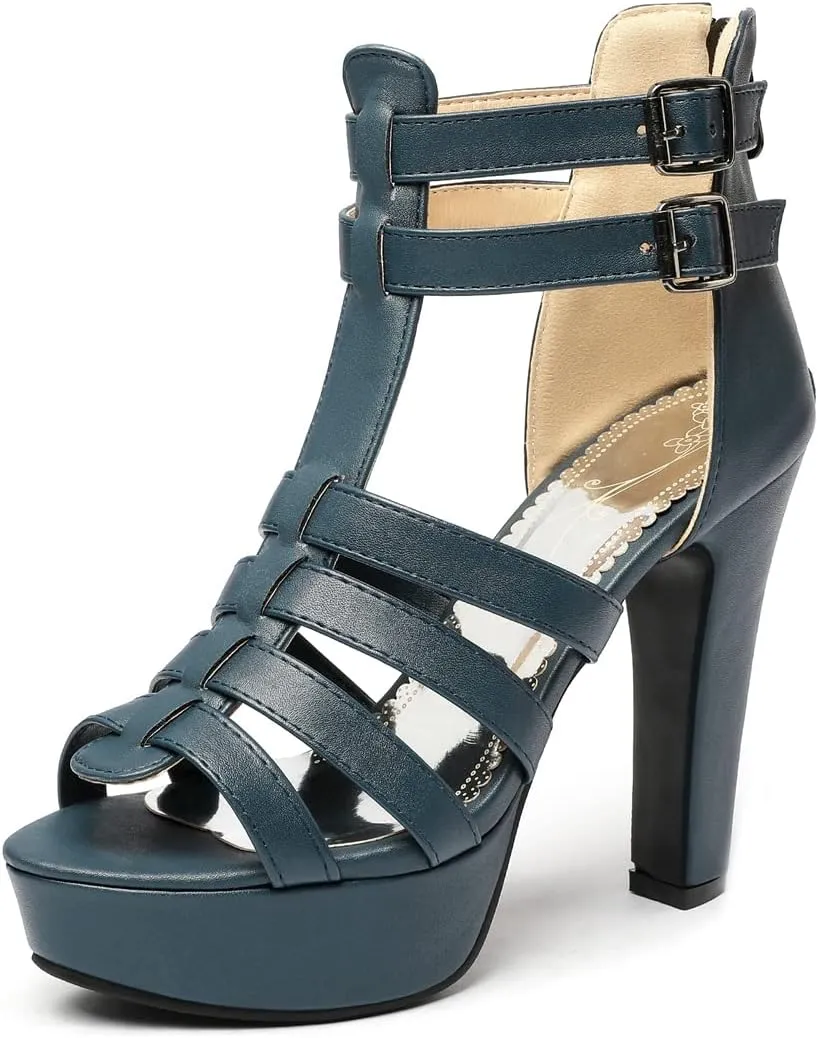 VOKLIN Women's Fashion Strappy Chunky Block High Heel Sandals Open Toe Buckle Zip Platform Dress Heeled Sandal