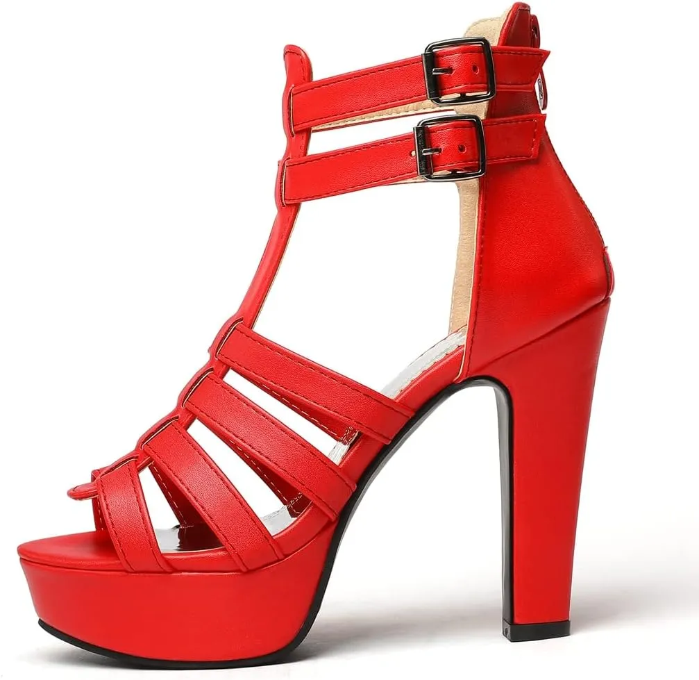VOKLIN Women's Fashion Strappy Chunky Block High Heel Sandals Open Toe Buckle Zip Platform Dress Heeled Sandal