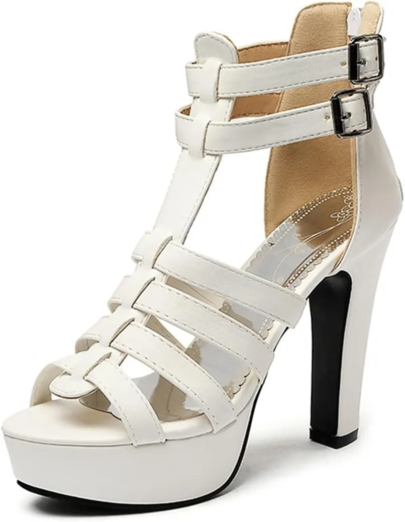 VOKLIN Women's Fashion Strappy Chunky Block High Heel Sandals Open Toe Buckle Zip Platform Dress Heeled Sandal