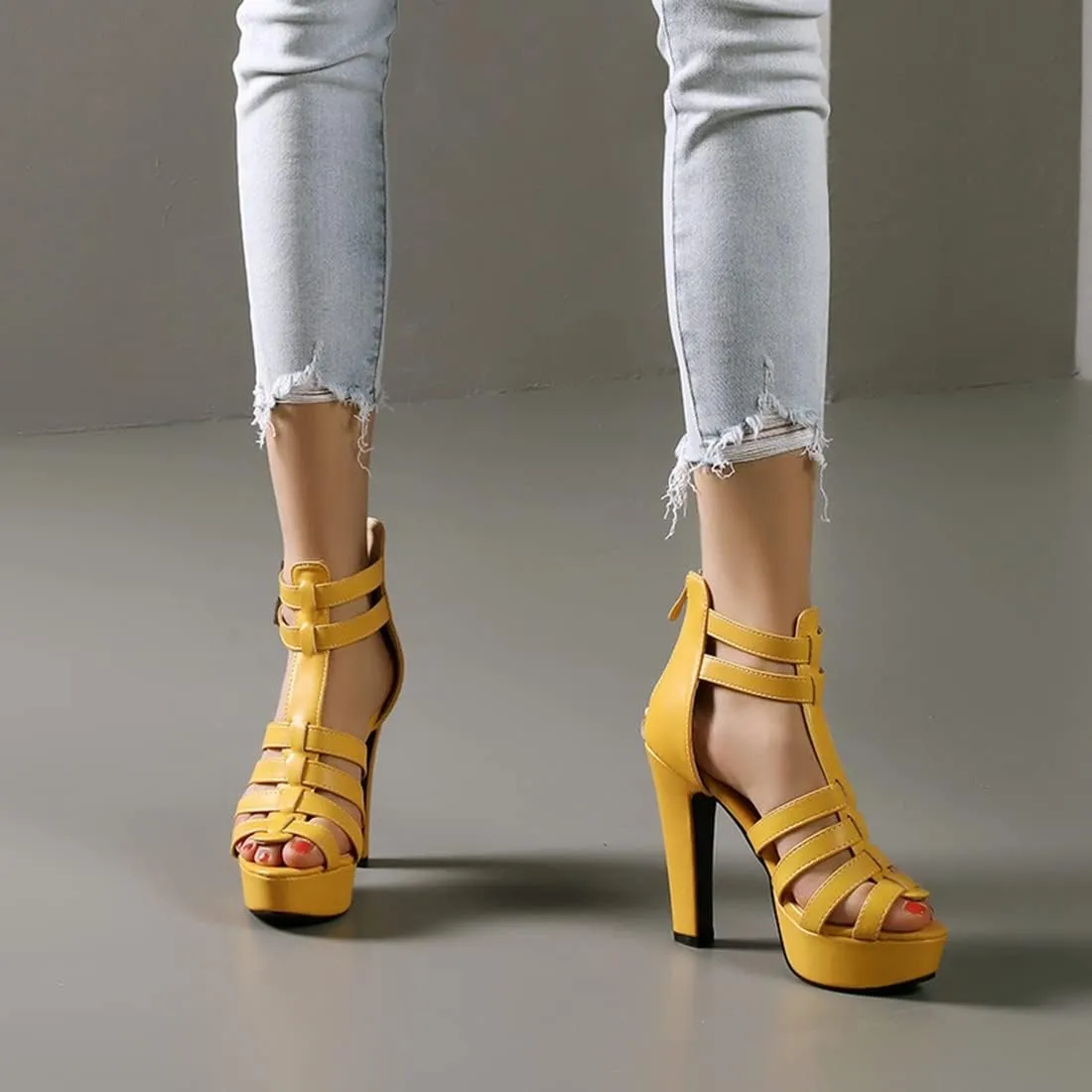 VOKLIN Women's Fashion Strappy Chunky Block High Heel Sandals Open Toe Buckle Zip Platform Dress Heeled Sandal